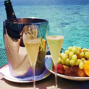 A Fancy fruit basket & Champagne in a luxury resort bungalow in the Maldives Island