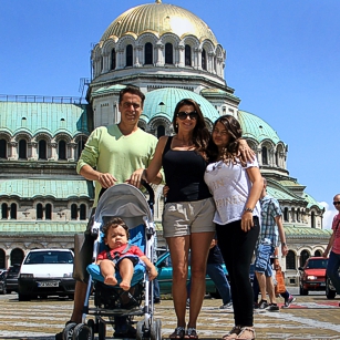 Omnimundi Familly standing in front of a Church in Sofia Bulgaria