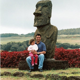 One of the Moabs in Easter Island and two sitting tourists