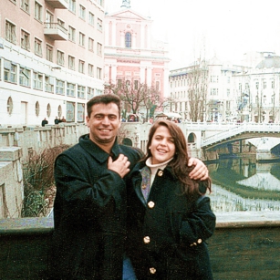 A couple near a river enjoying the city of Ljubljana in Slovenia