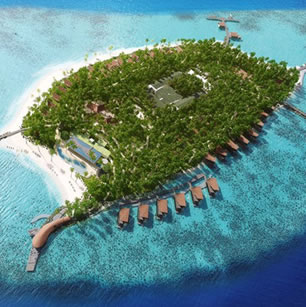 A lurury hotel in the Maldives Island photographed from an airplane travelling nearby